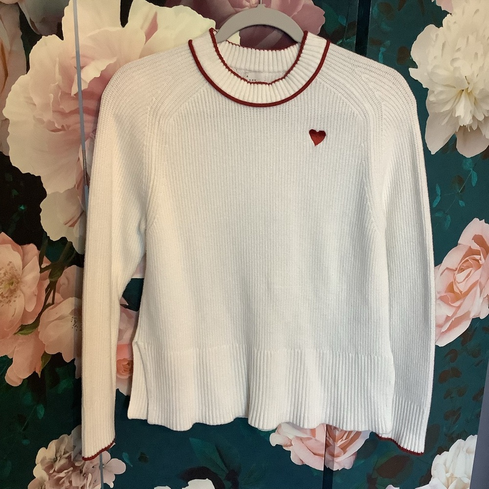 a new day White Sweater with Red Trim & Red Heart